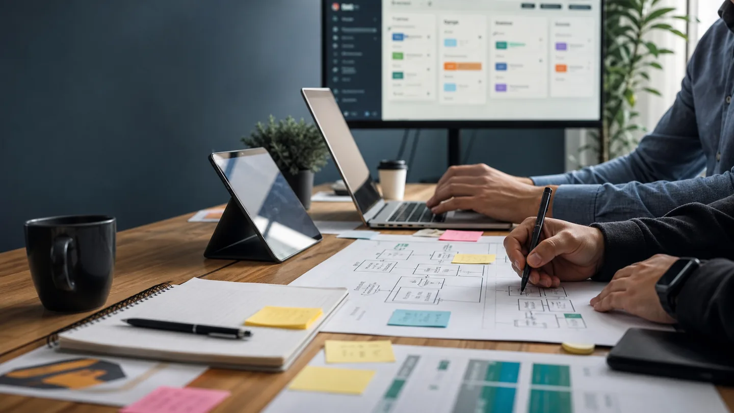 CRM operations team reviewing workflow notes, queue cleanup, and handoff planning around a working desk.