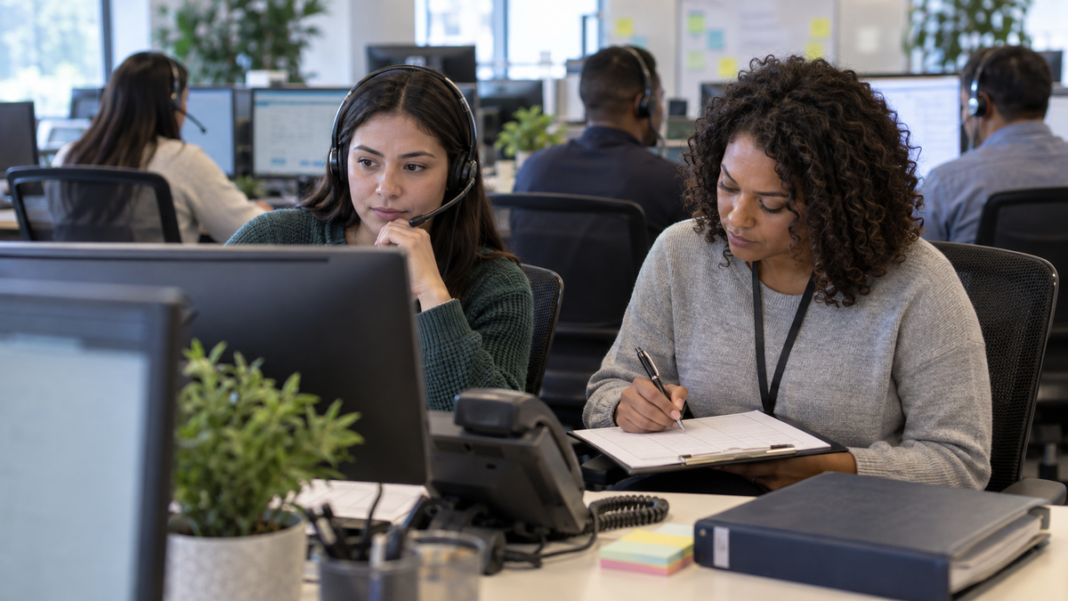 Synthetic representative editorial image of an unbranded support operations team reviewing calls in a contact-center room, with blurred screens, headset users, a desk phone and blank QA paperwork, not a photo of any named company or event.