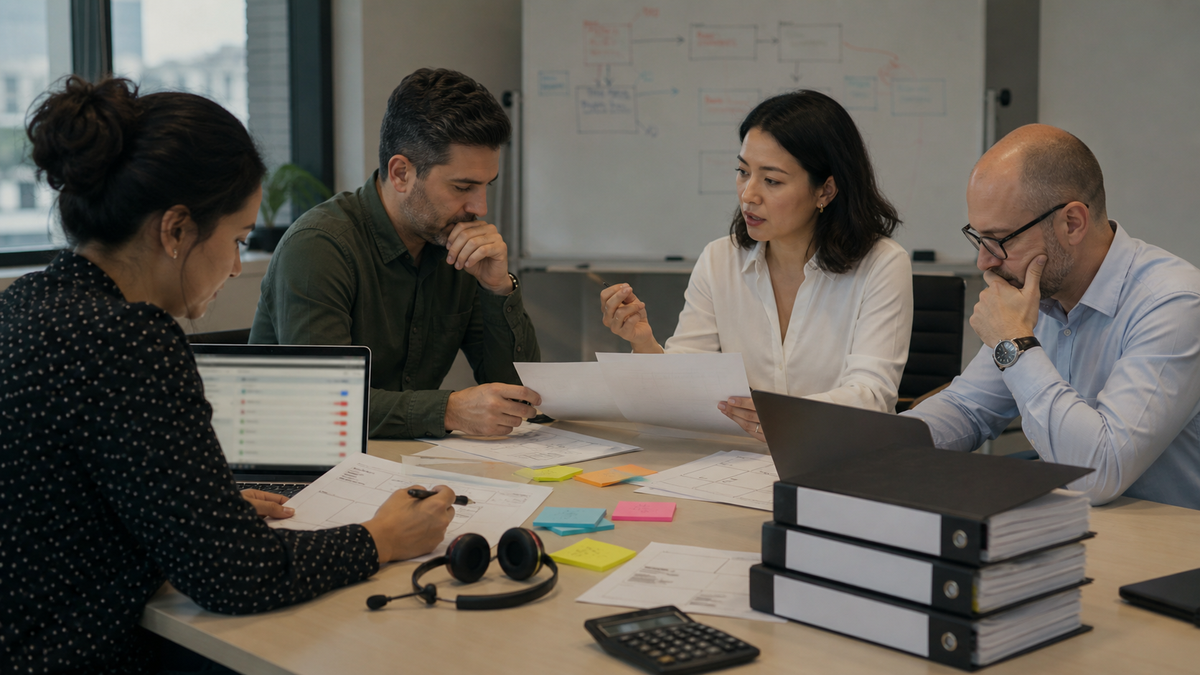 Synthetic editorial image of support operations and compliance leaders reviewing unbranded chatbot policy, ticket queues, binders, and cost evidence.