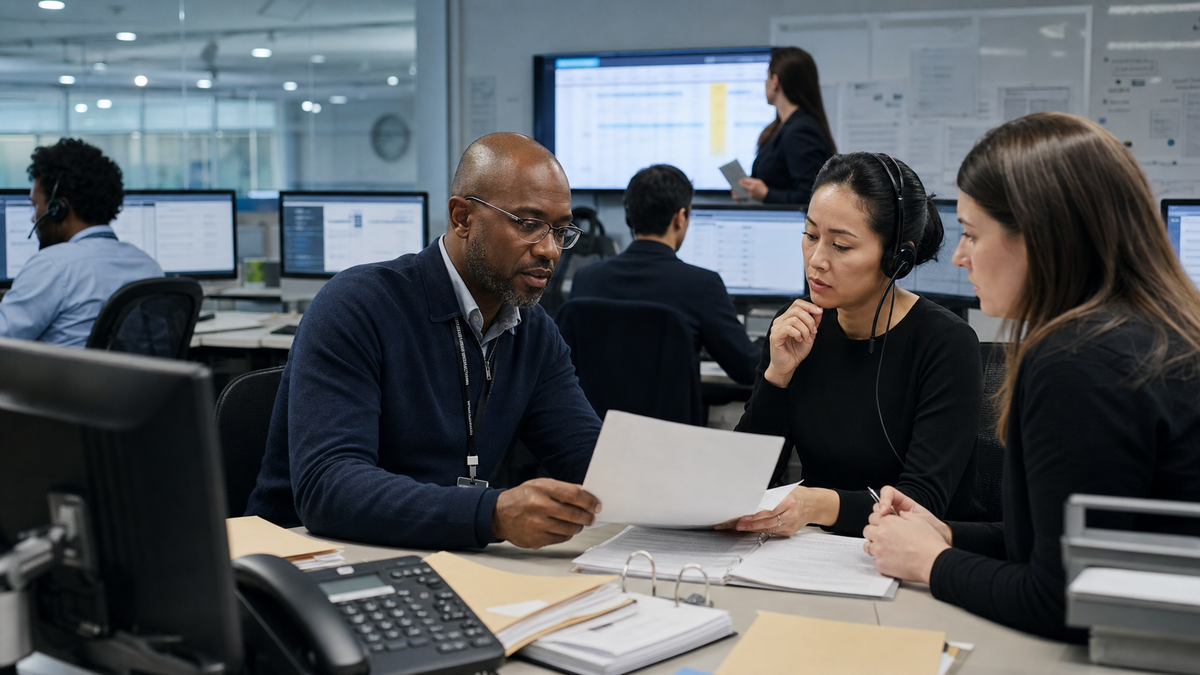 Support operations and compliance team reviewing identity-theft case files, secure records requests, helpdesk screens, and evidence folders.