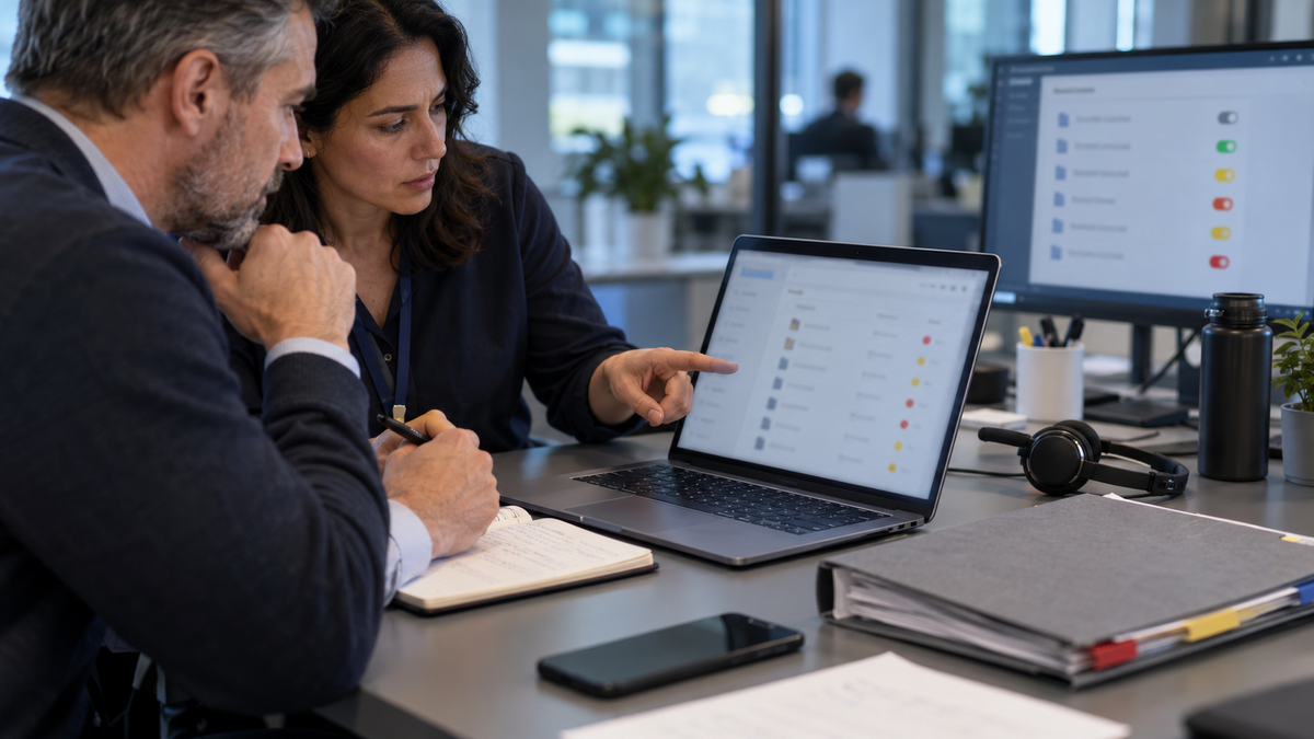 Synthetic representative editorial scene of support and security staff reviewing unbranded desktop permissions; not a photograph of Apple or a reported event.