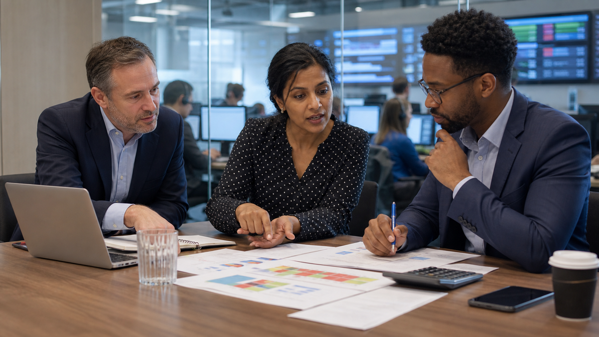 Synthetic editorial image of a CRM and risk operations team reviewing AI resilience controls with blurred dashboards and support workflow materials.