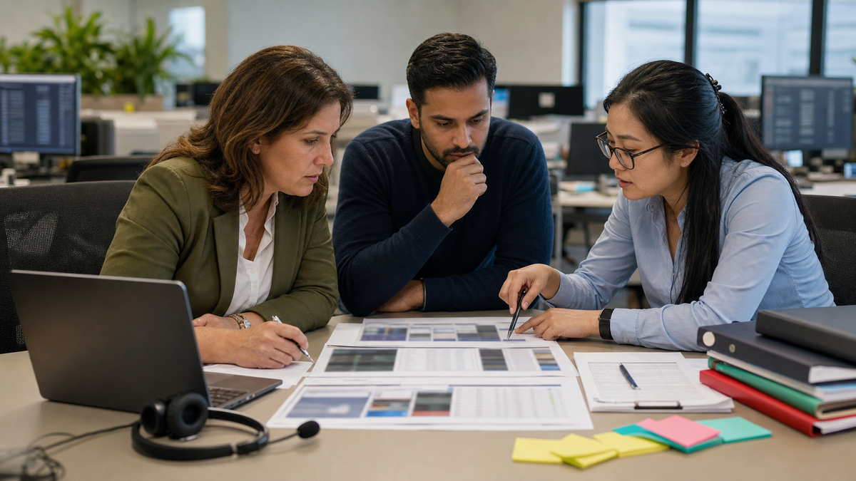 Synthetic editorial image of support operations and security staff reviewing unbranded shared-link controls, helpdesk screens, search-index evidence, and customer-data handling notes.