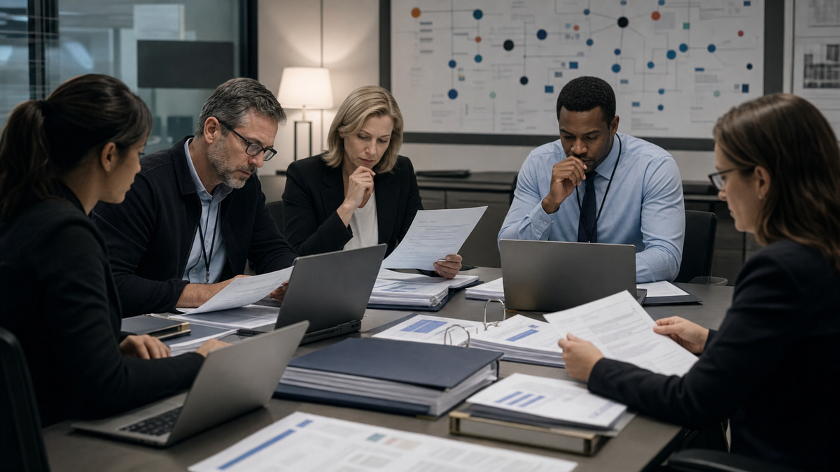 Synthetic editorial image of support operations, security, and legal staff reviewing unbranded breach response and customer-data evidence.