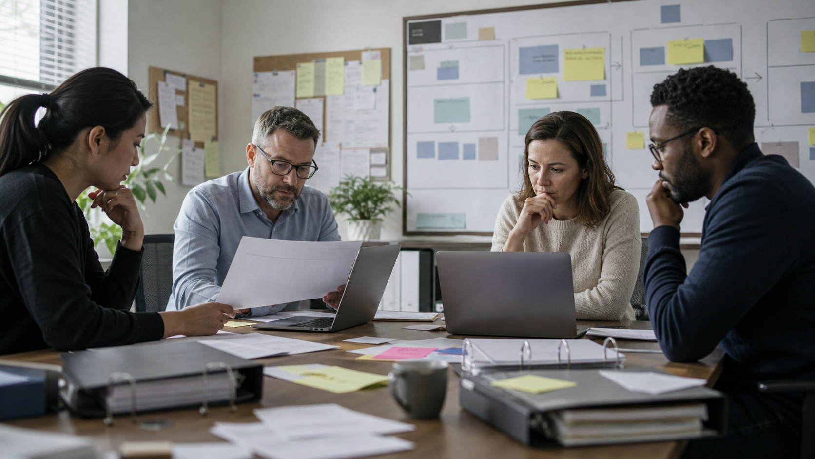Synthetic editorial image of operations leaders reviewing unbranded CRM cost, workflow, and AI maintenance evidence on a conference table.