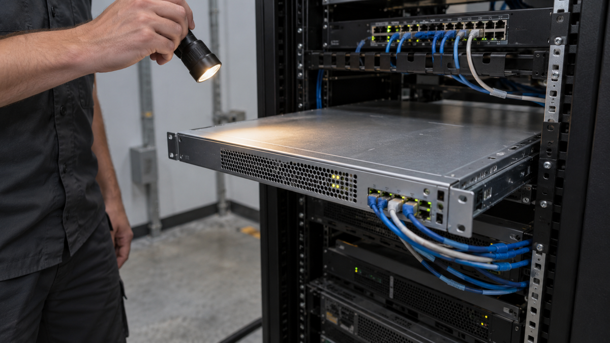 Synthetic representative editorial scene of a technician inspecting unbranded email-gateway equipment; not Belnet or Fortinet staff, hardware or a reported event.