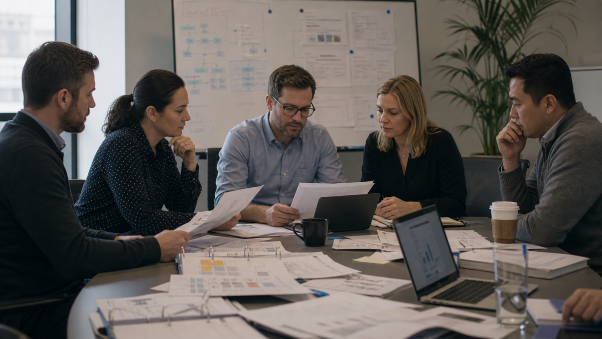 Synthetic editorial image of support operations and finance leaders reviewing unbranded SaaS spend, CRM workflows, and agentic AI risk evidence.