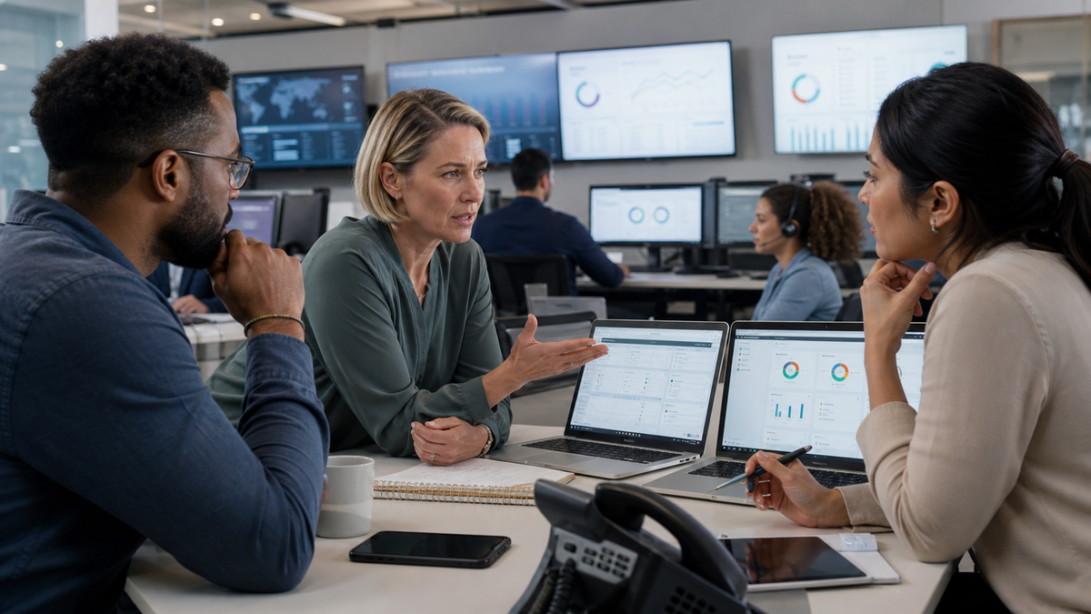 Synthetic editorial image of support operations leaders reviewing unbranded AI answer paths, helpdesk dashboards, phone support, and customer-service evidence.