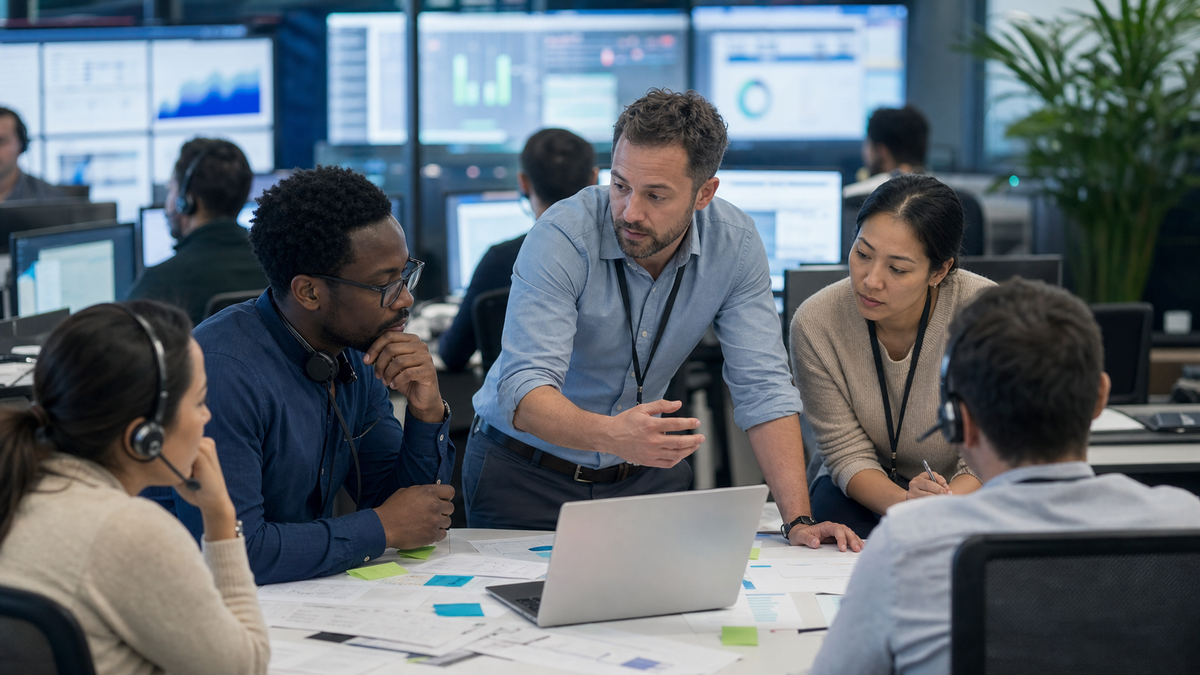 Synthetic editorial image of support operations staff reviewing unbranded AI customer-service dashboards, CRM readiness notes, and escalation evidence.