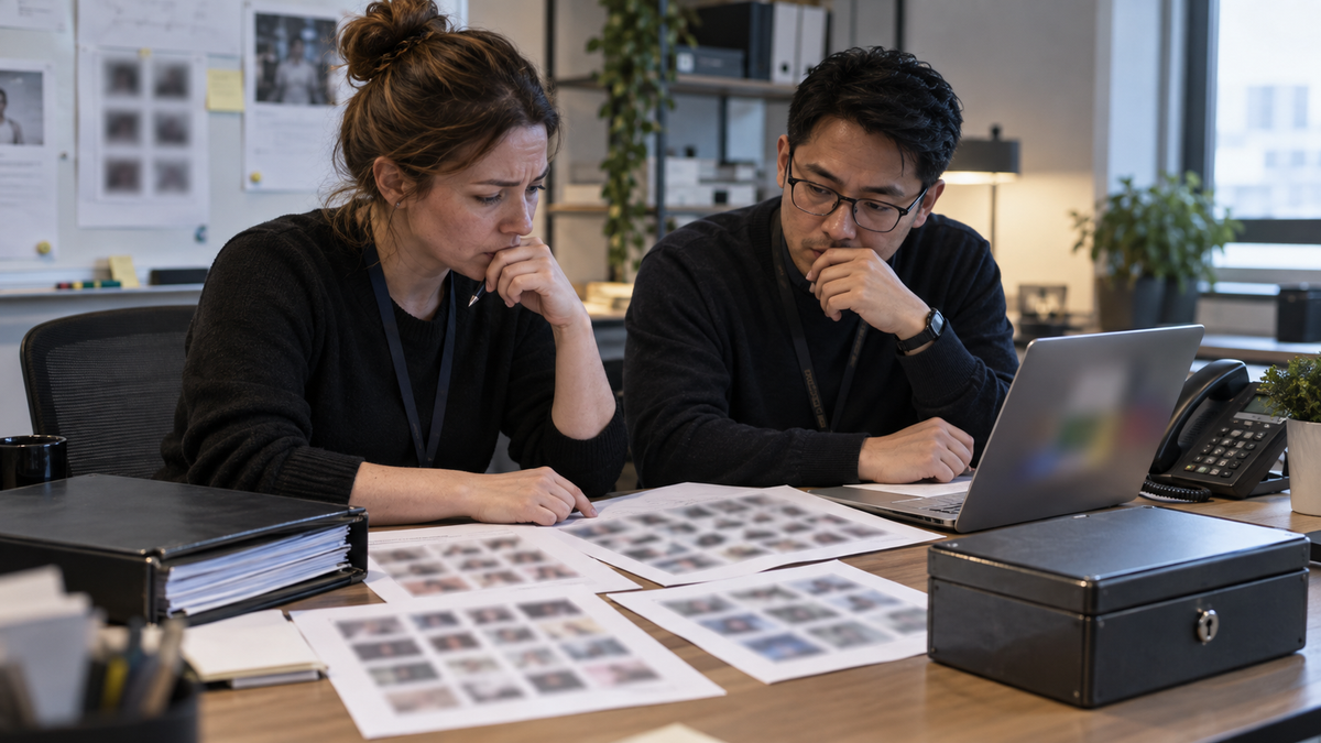 Synthetic editorial image of an unbranded support and security incident desk reviewing blurred screenshot thumbnail sheets, blank incident papers, laptop blur, a closed binder and a locked document box with no logos, readable data or real event depiction.