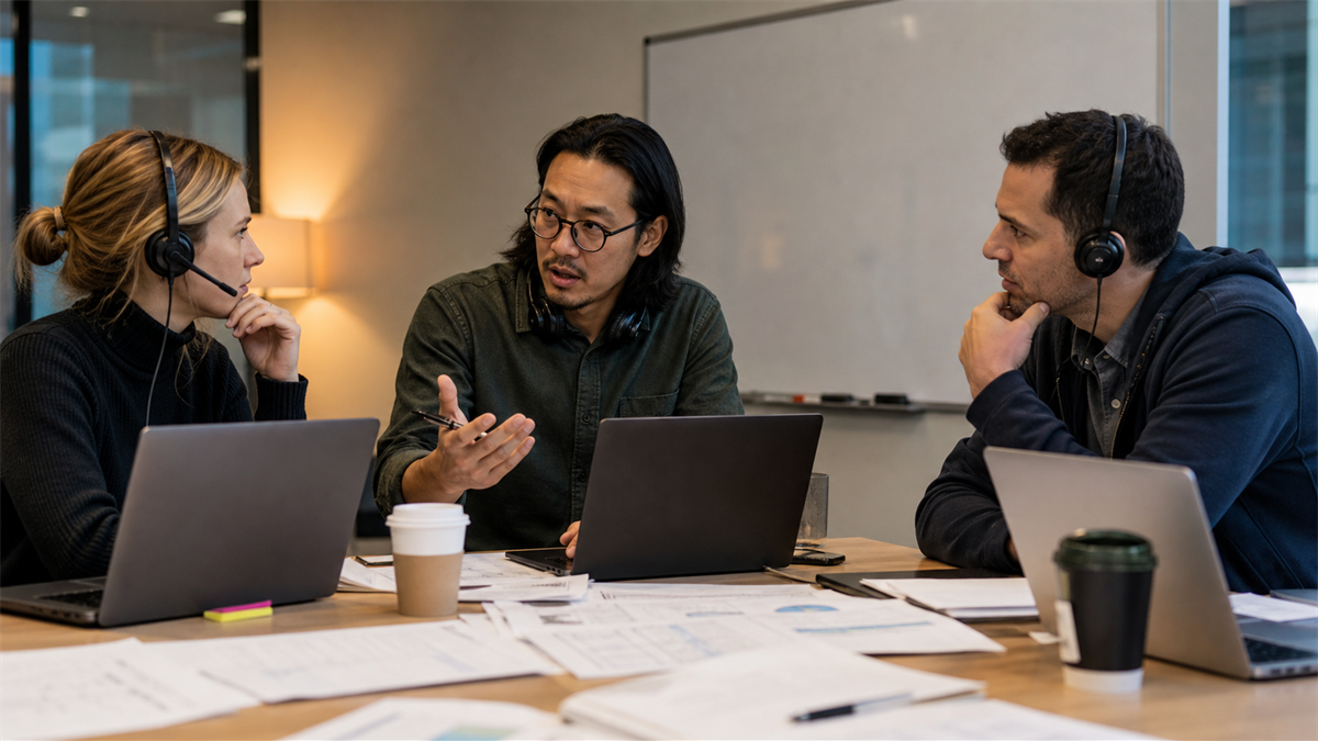 Synthetic editorial image of CRM and support operations leaders reviewing data governance controls with unbranded laptops and blurred paperwork.