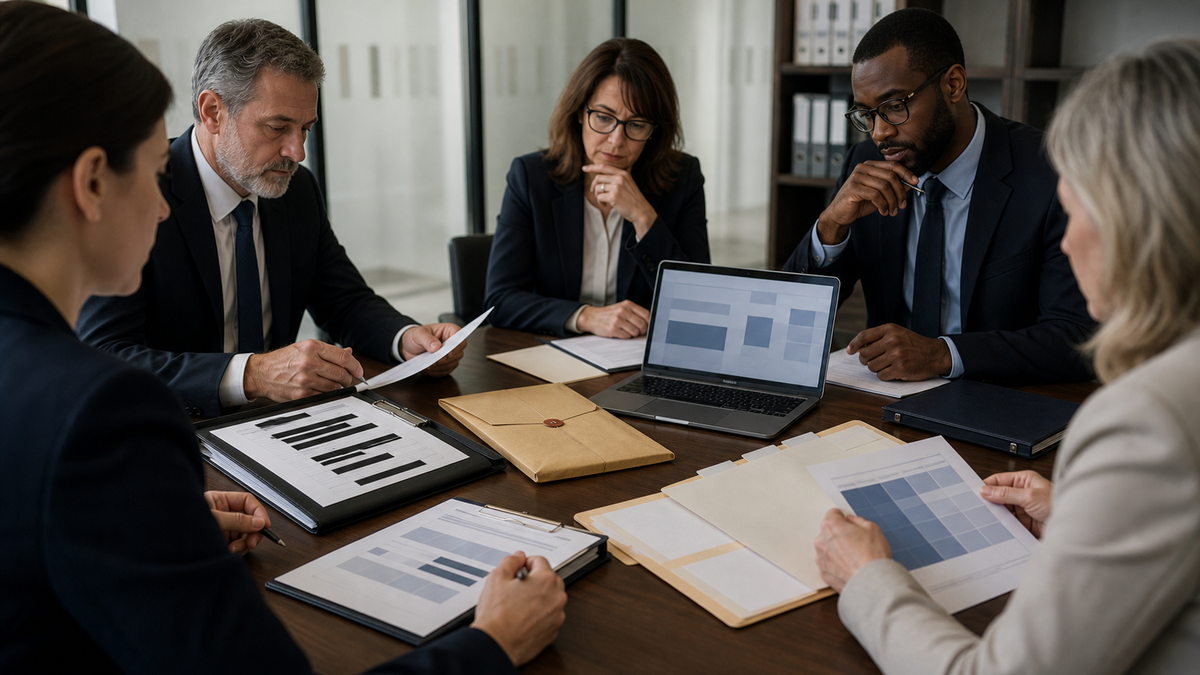 Synthetic editorial image of support operations and HR governance staff reviewing unbranded workforce scoring, leave, audit, and appeal evidence.