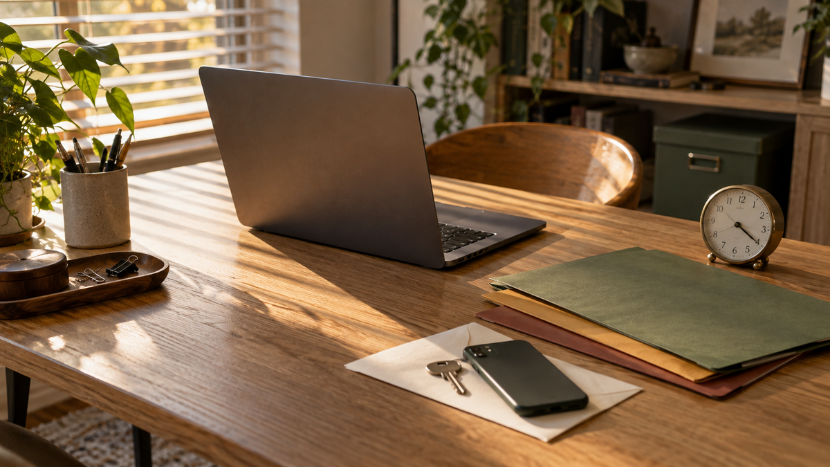Synthetic editorial scene of a laptop, closed folders, keys and a clock on a desk, representing access controls and supervision time.