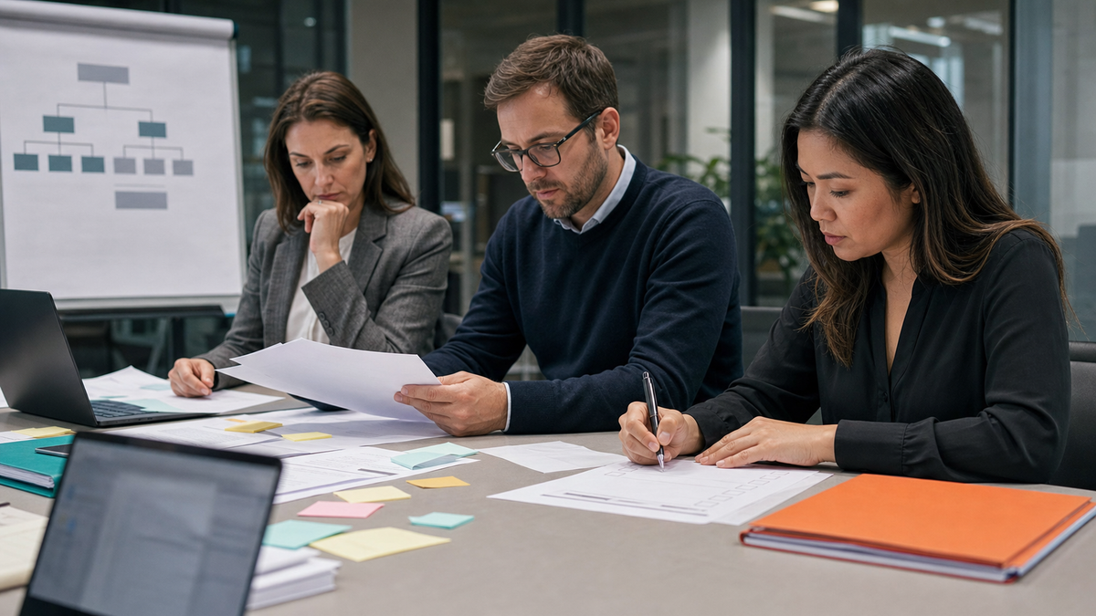 Synthetic editorial image of operations leaders reviewing unbranded SaaS cost, workflow, and AI restructuring evidence at a conference table.
