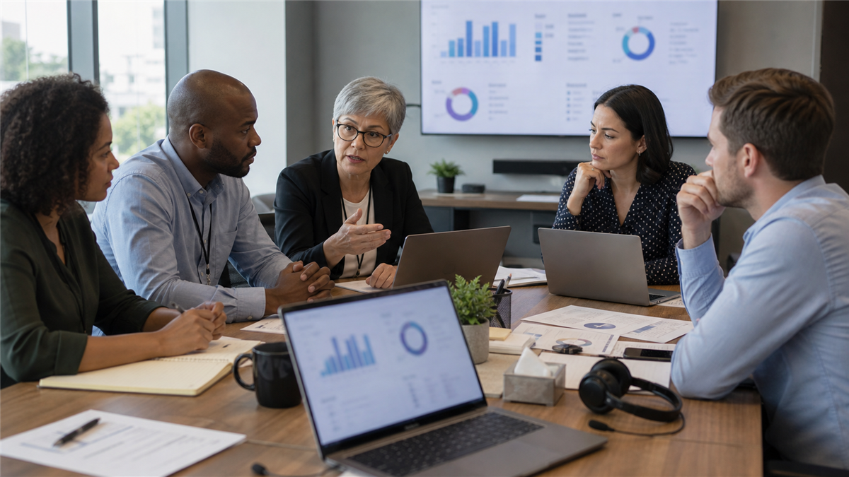 Synthetic editorial image of a donor support operations team reviewing privacy incident materials, blank forms, headsets, and blurred CRM dashboards.