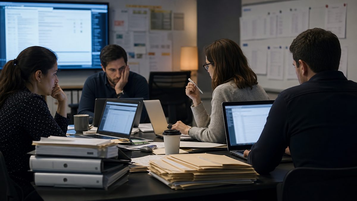 Synthetic editorial image of support operations and security staff reviewing unbranded customer-data risk lists, CRM access, and recovery evidence.