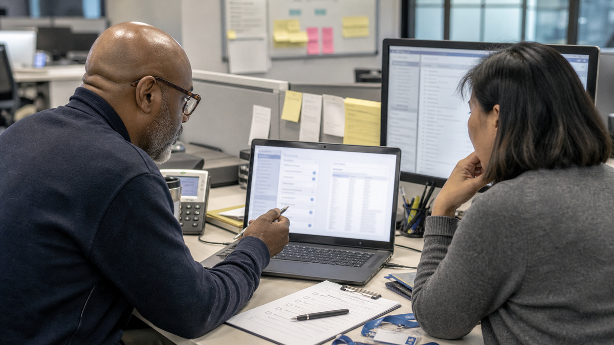 Synthetic editorial image of support operations and security teams reviewing unbranded CRM screens, desk phone, access checklists, and AI governance paperwork.