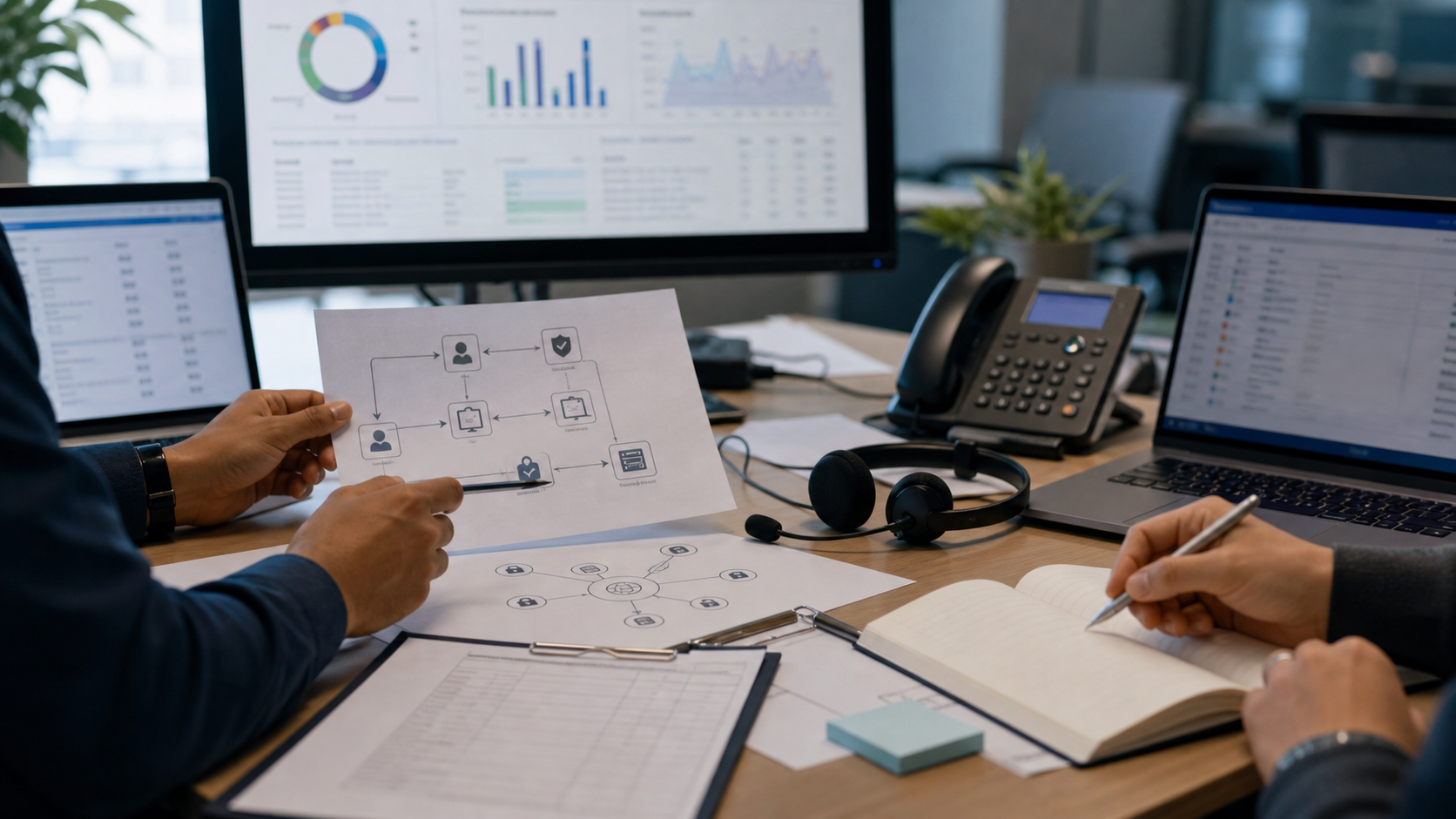 Synthetic editorial image of support operations and security staff reviewing unbranded dashboards, headset, desk phone, agent-permission diagrams, and blank governance paperwork.