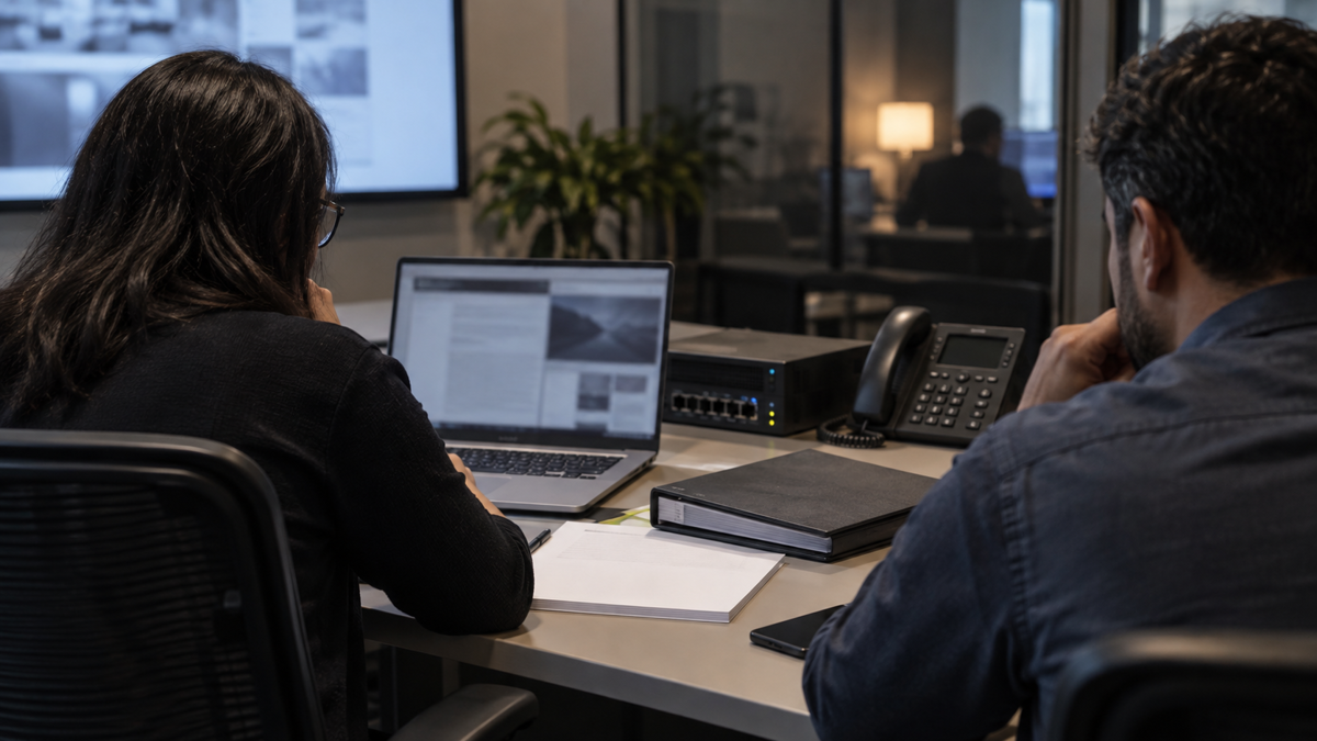 Synthetic editorial image of an unbranded support and security incident review room with two reviewers, blurred browser panes, blank papers, network equipment, desk phone and closed binder with no logos, readable data, government marks or real event depiction.