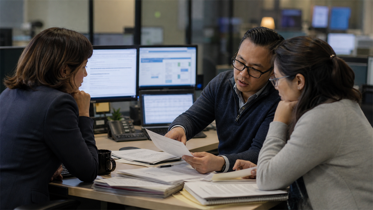 Synthetic editorial image of support operations and compliance staff reviewing data accuracy and dispute workflow evidence with unbranded records.