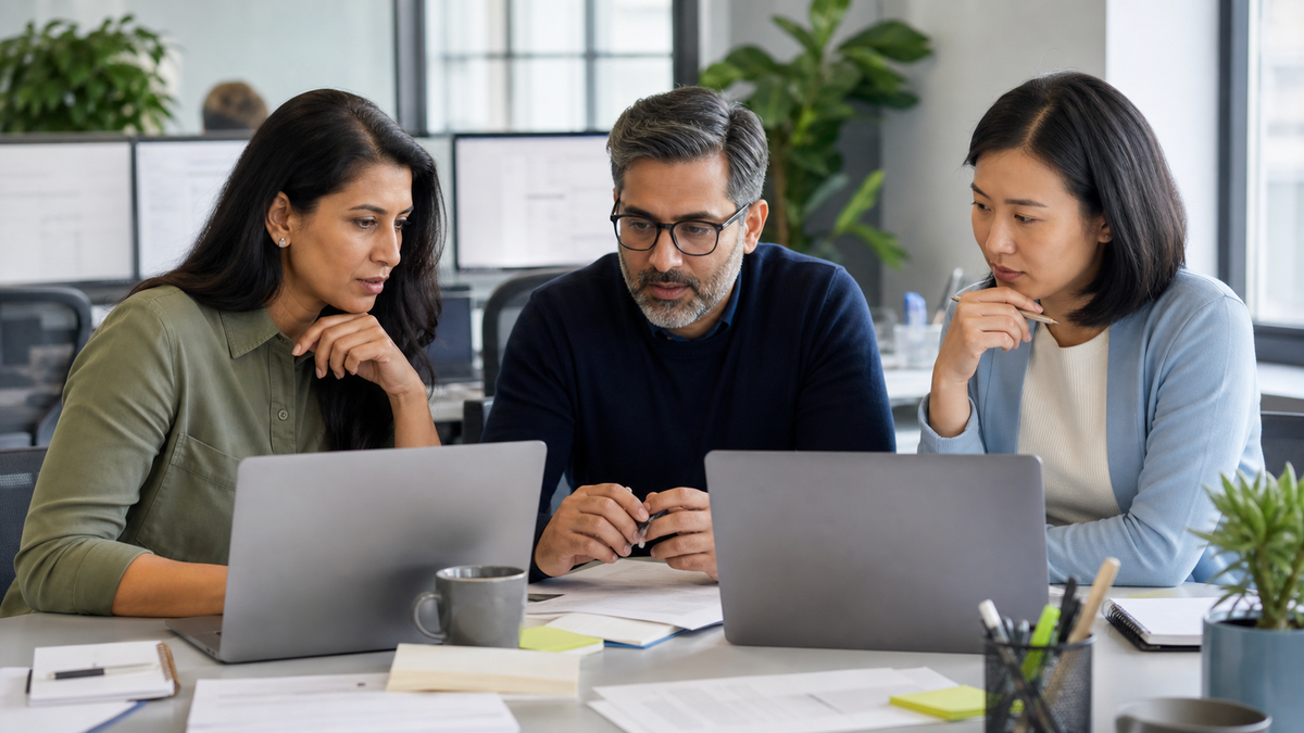 Synthetic editorial image of CRM and support operations managers reviewing AI agent readiness, data quality, and workflow evidence.
