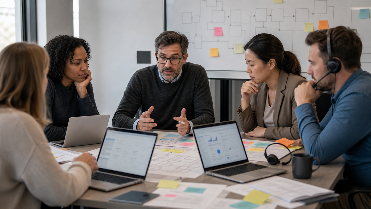 Support operations and finance team reviewing CRM dashboards, AI pilot notes, and customer workflow resilience plans.