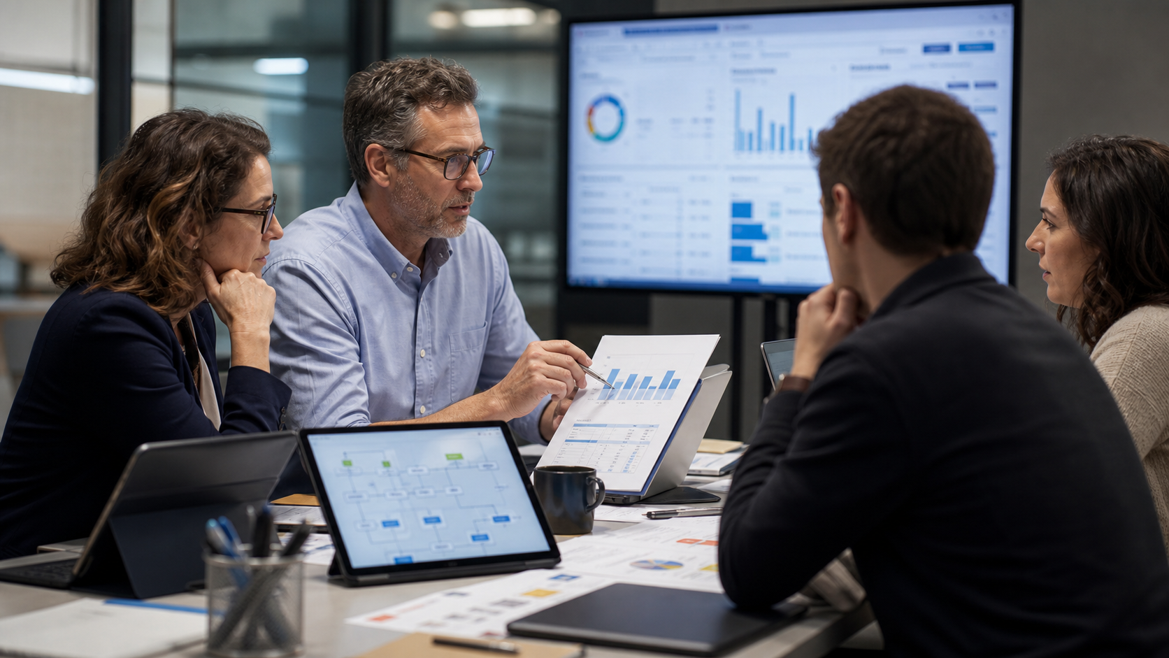 Finance and support operations leaders reviewing CRM budgets, AI projects, workflow diagrams, and software cost reports.