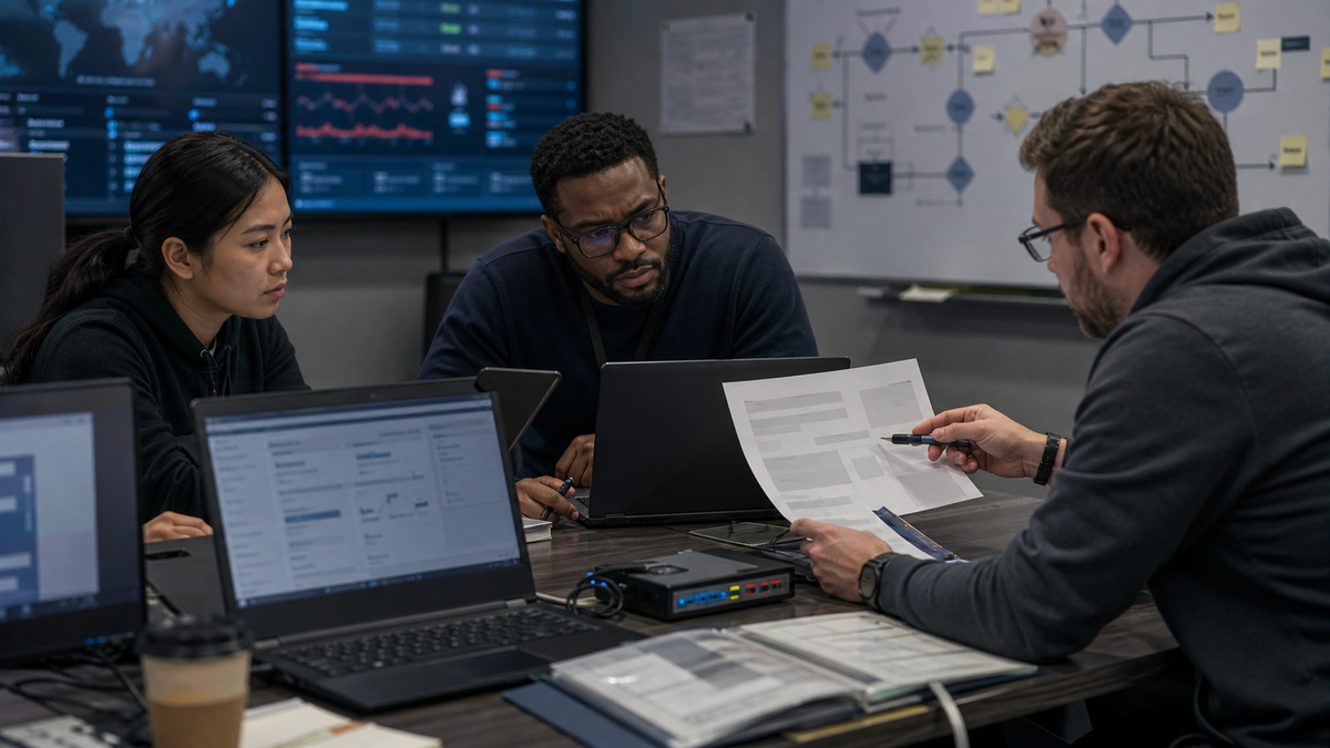 Synthetic editorial image of support operations and security staff reviewing unbranded workflow dashboards, patch evidence, and access boundaries.
