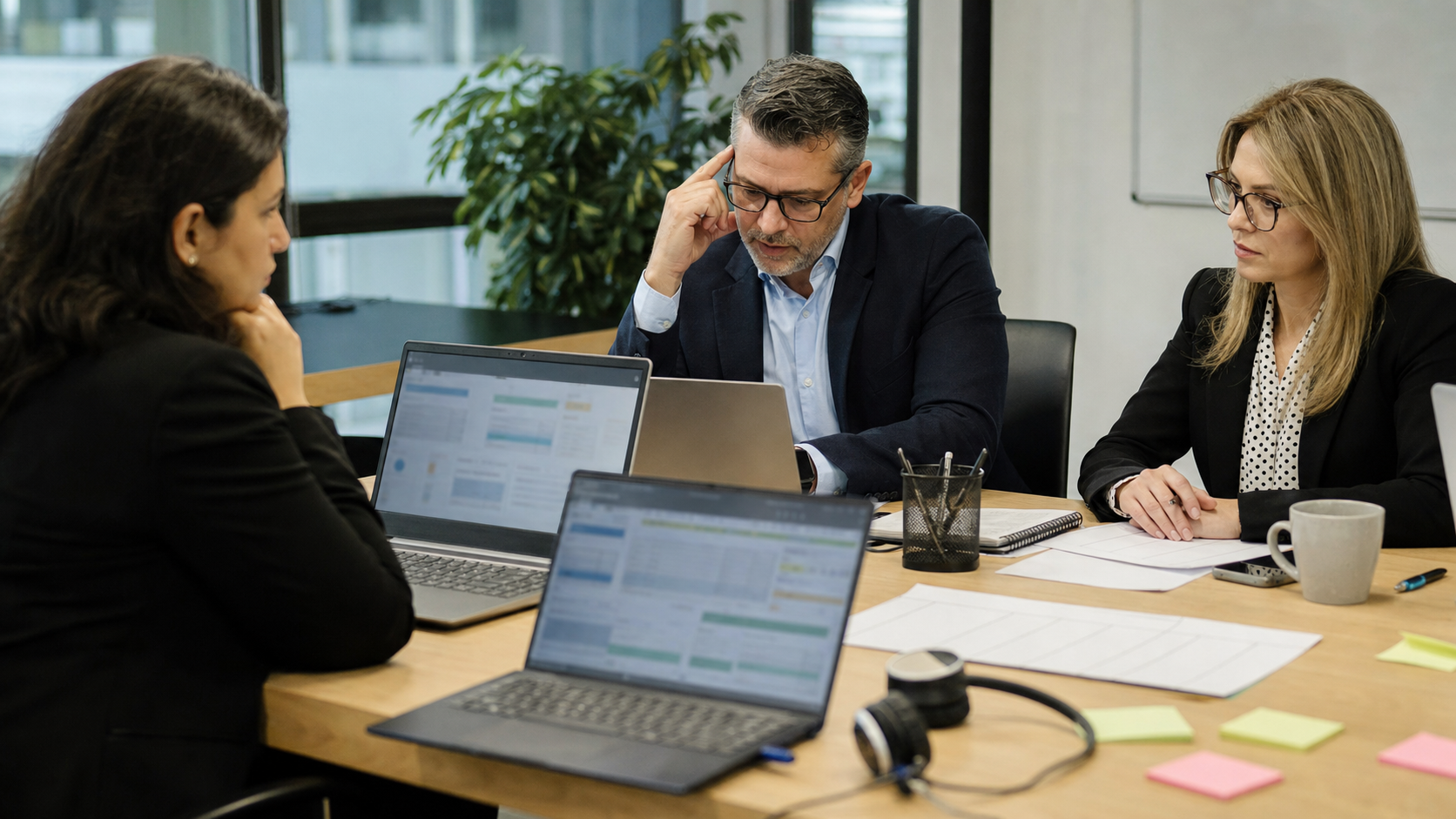 Synthetic editorial image of support operations leaders reviewing unbranded workflow dashboards, staffing plans, headset, and AI cost-control evidence.