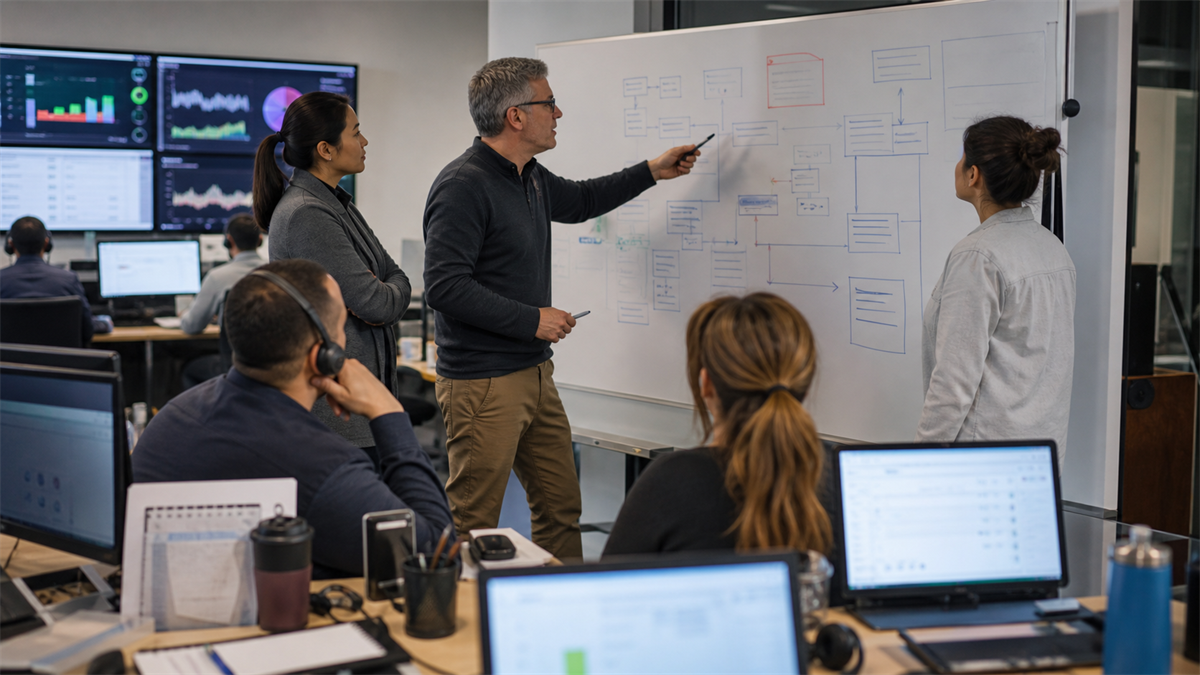 Support operations team reviewing AI agent rollback evidence, ticket queues, and customer recovery plans.