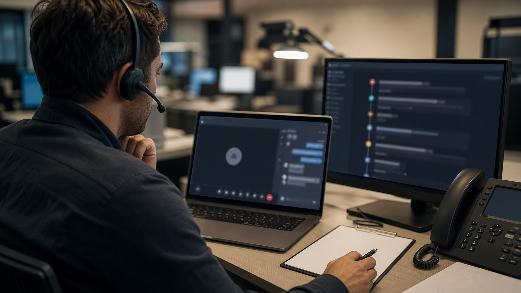 Synthetic editorial image of support operations and security staff reviewing unbranded call screens, incident timeline, desk phone, headset, and blank response paperwork.