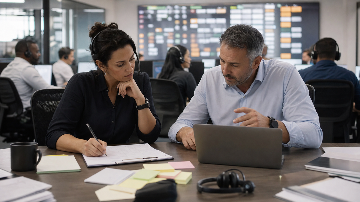 Synthetic editorial image of support operations leaders reviewing unbranded customer-service staffing, AI workflow, and queue-risk evidence.